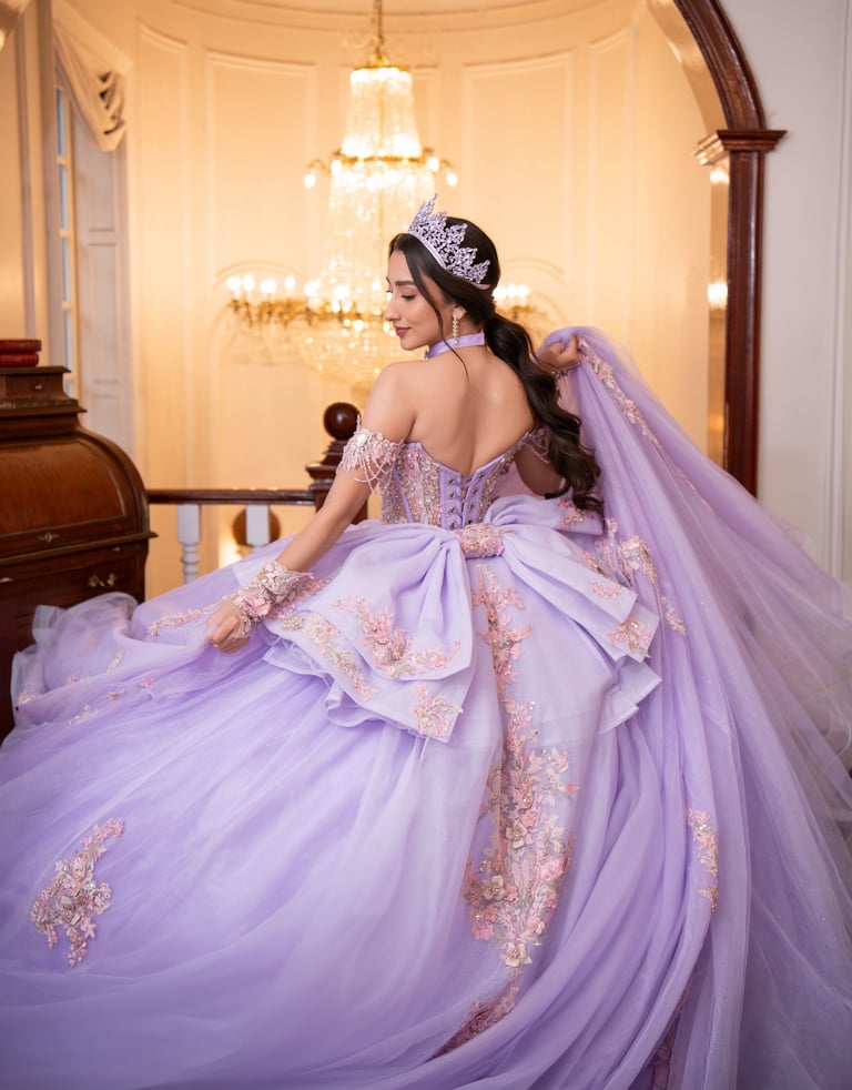 Woman in lavender ball gown with tiara and veil standing in elegant room under chandelier