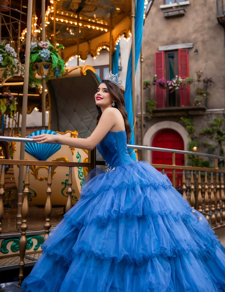 Woman in blue ballgown on balcony overlooking European-style architecture with red doors and golden lighting