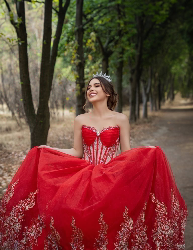 Woman in red ball gown with tiara standing on tree-lined pathway, smiling upward